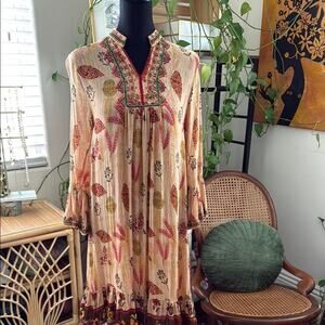 Zara Earth Tone Ethnic Print Long Sleeve Ruffle Hem Dress